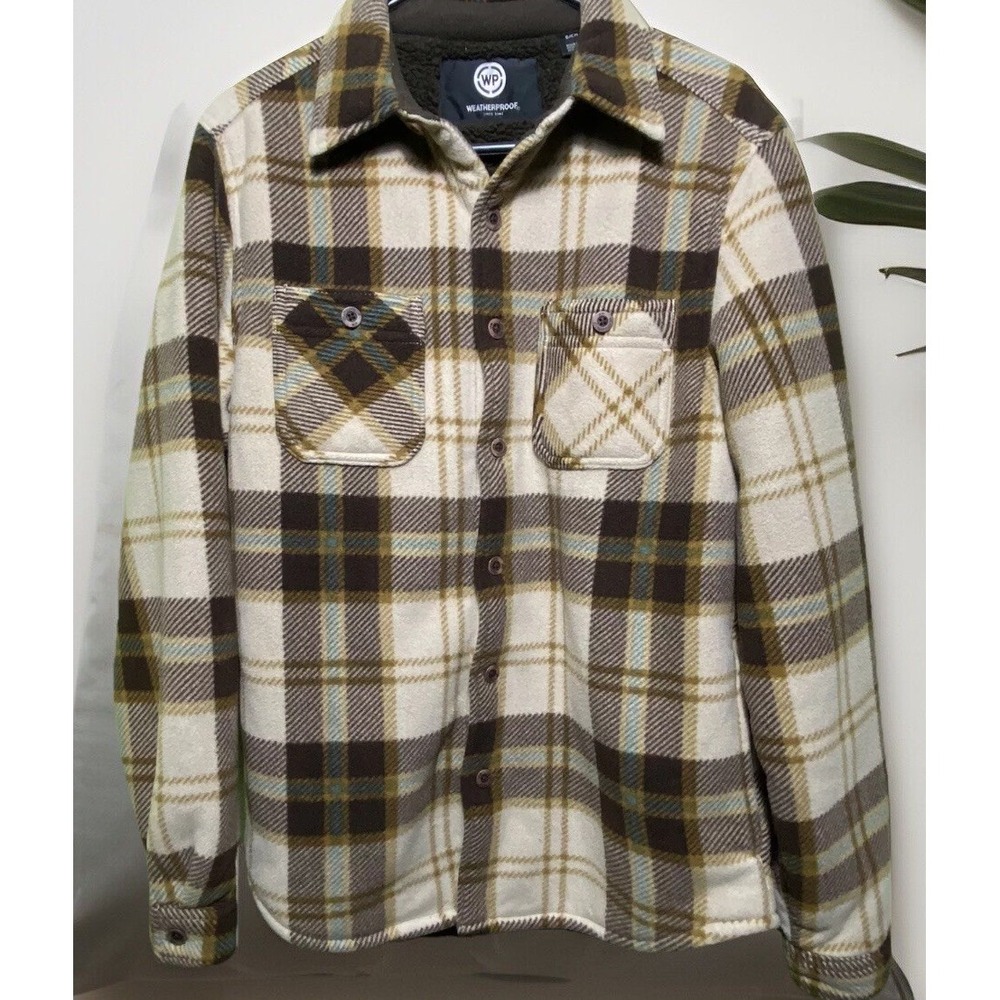Weatherproof Mens Fleece Plaid Shirt Jacket Faux Shearling Lined Brown Tan Small